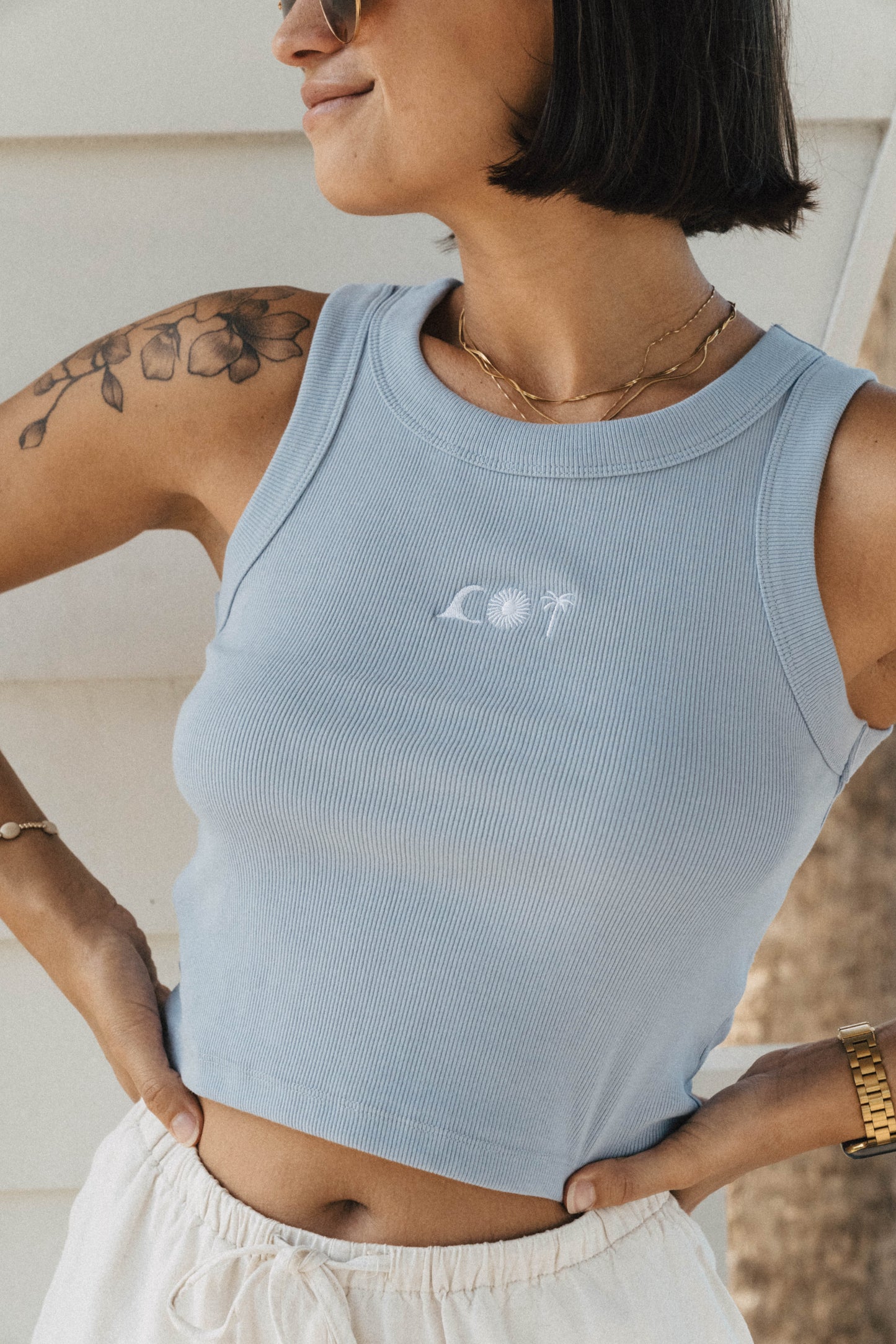 Wave Sun & Palm Embroidered Tank